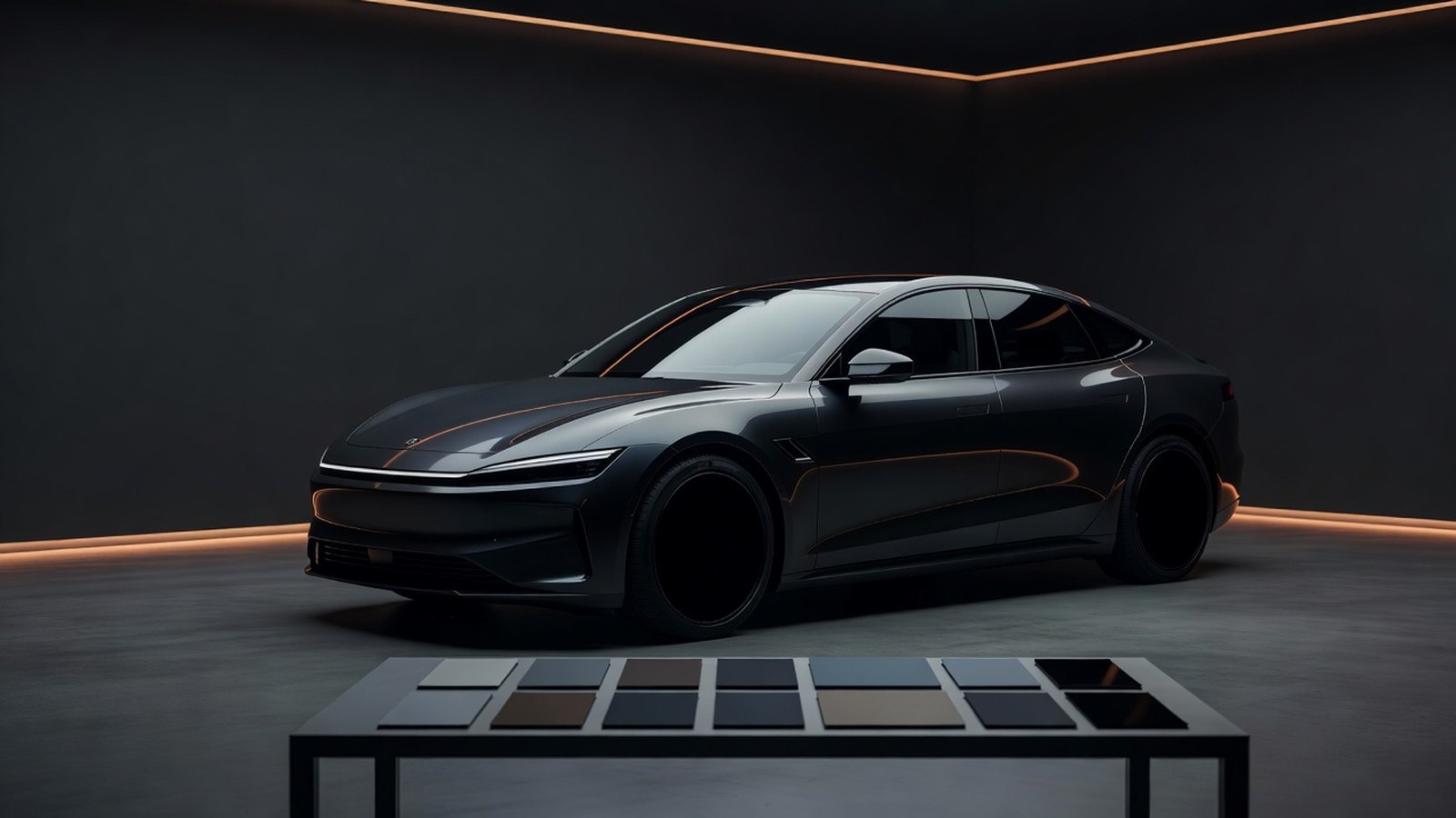 Premium electric sedan with ceramic tint sample cards in a warm graphite tint studio