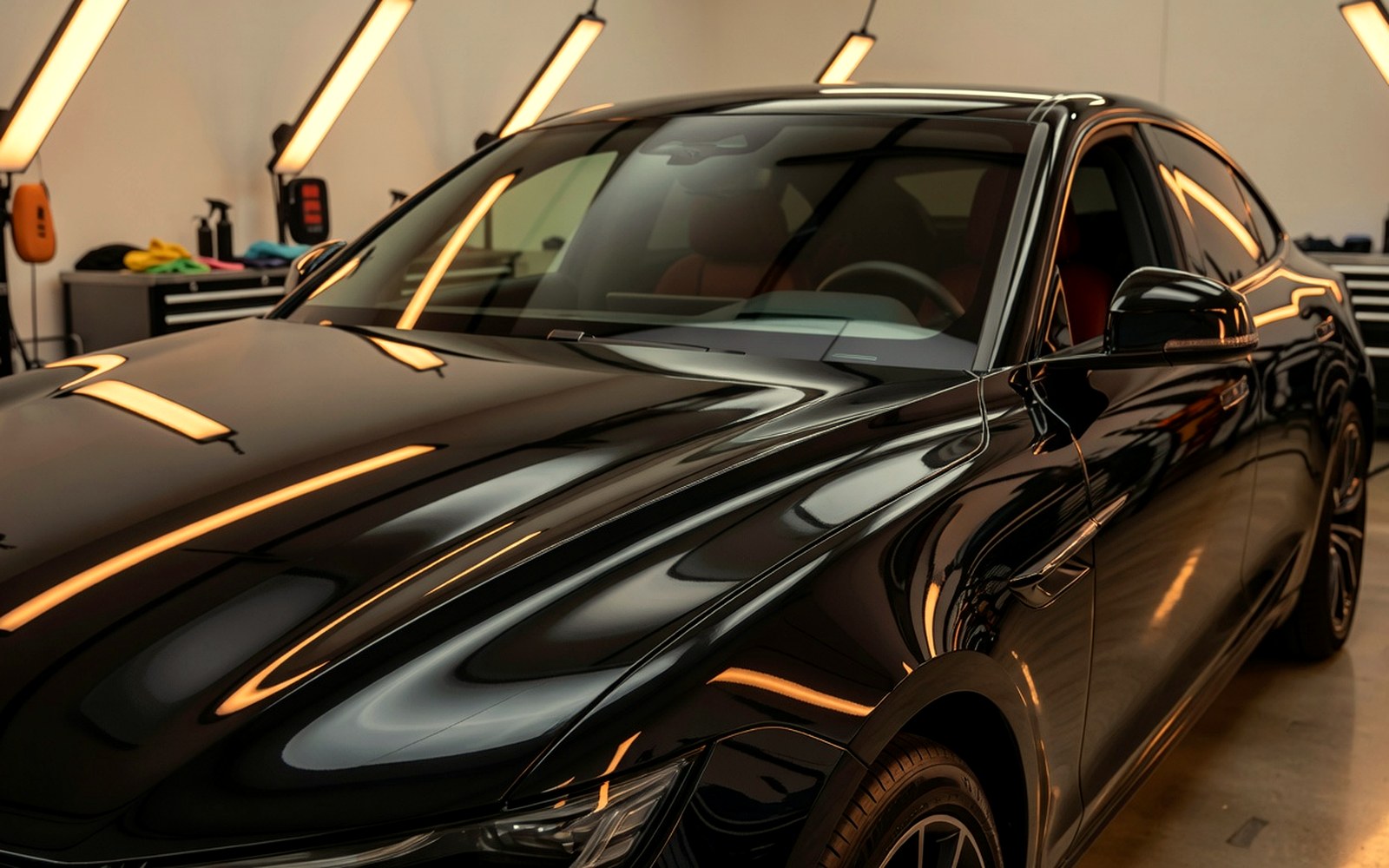 Mirror-like black vehicle paint under warm detailing lights for ceramic coating and correction