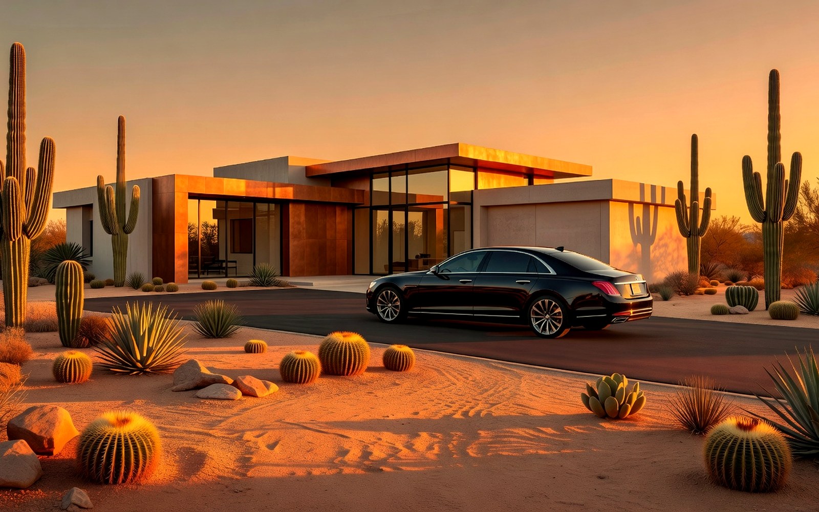 Luxury black sedan with dark tinted windows outside a modern Arizona home at golden hour