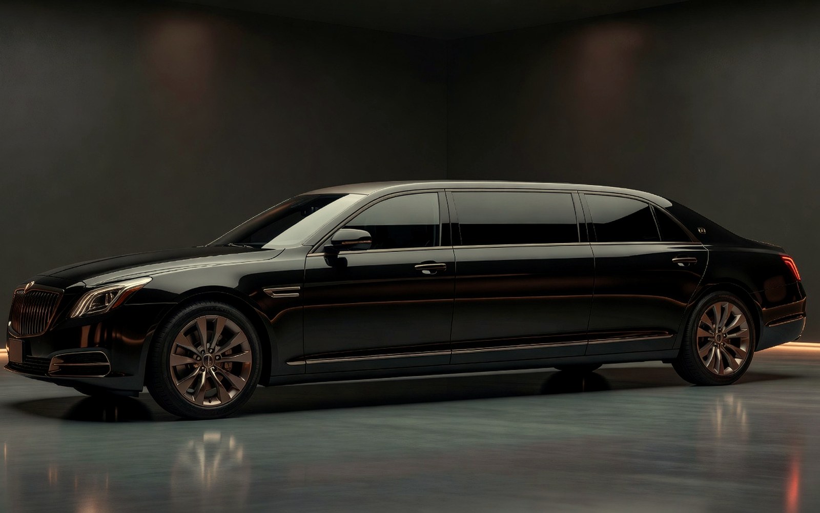 Executive black limousine-style vehicle with deep privacy tint and warm copper reflections