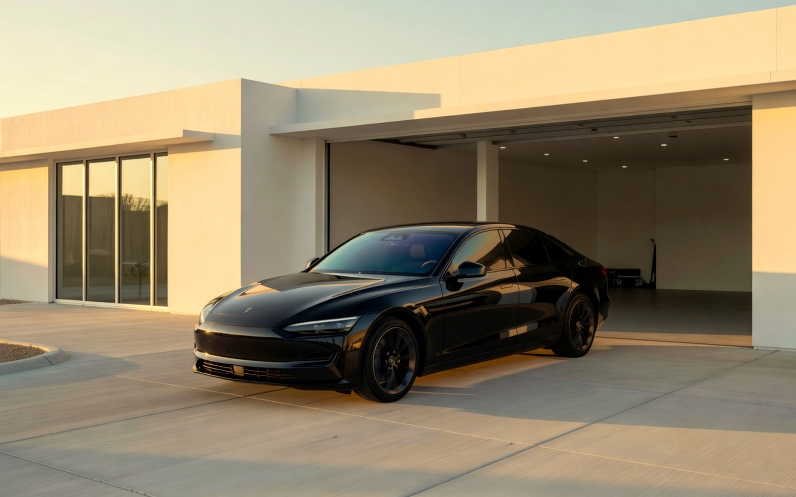 Black sedan arriving at a warm premium Chandler automotive tint shop