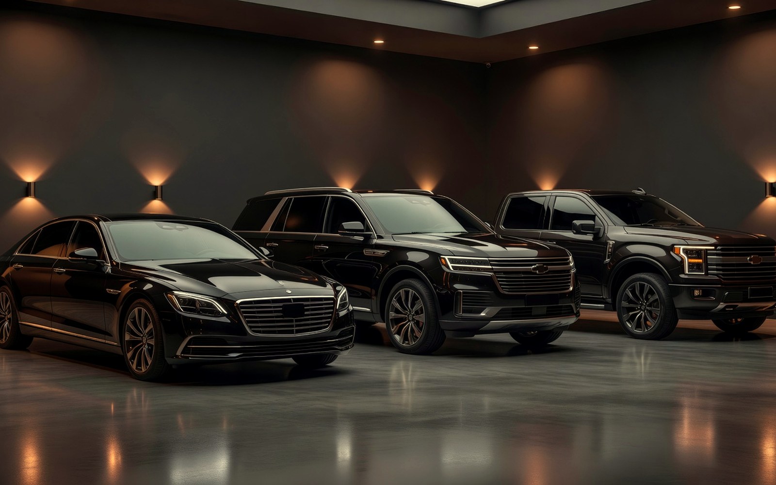 Lineup of premium tinted vehicles in a warm copper-lit automotive tint studio