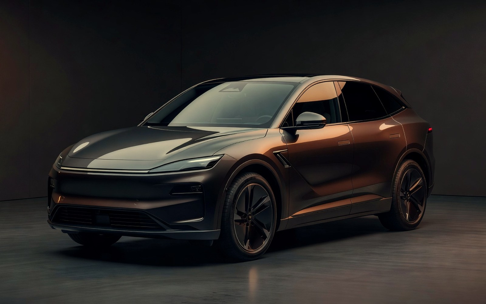 Large modern electric SUV with panoramic glass and clean tinted windows under copper studio light