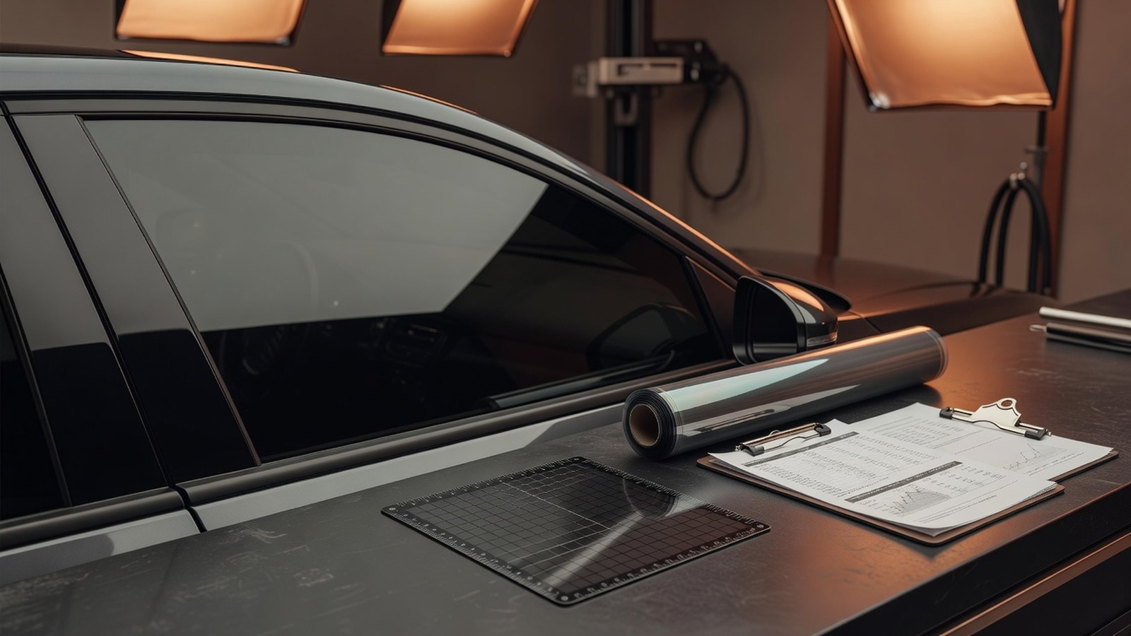 Tinted vehicle glass with film tools and quote notes for Tesla window tint cost planning