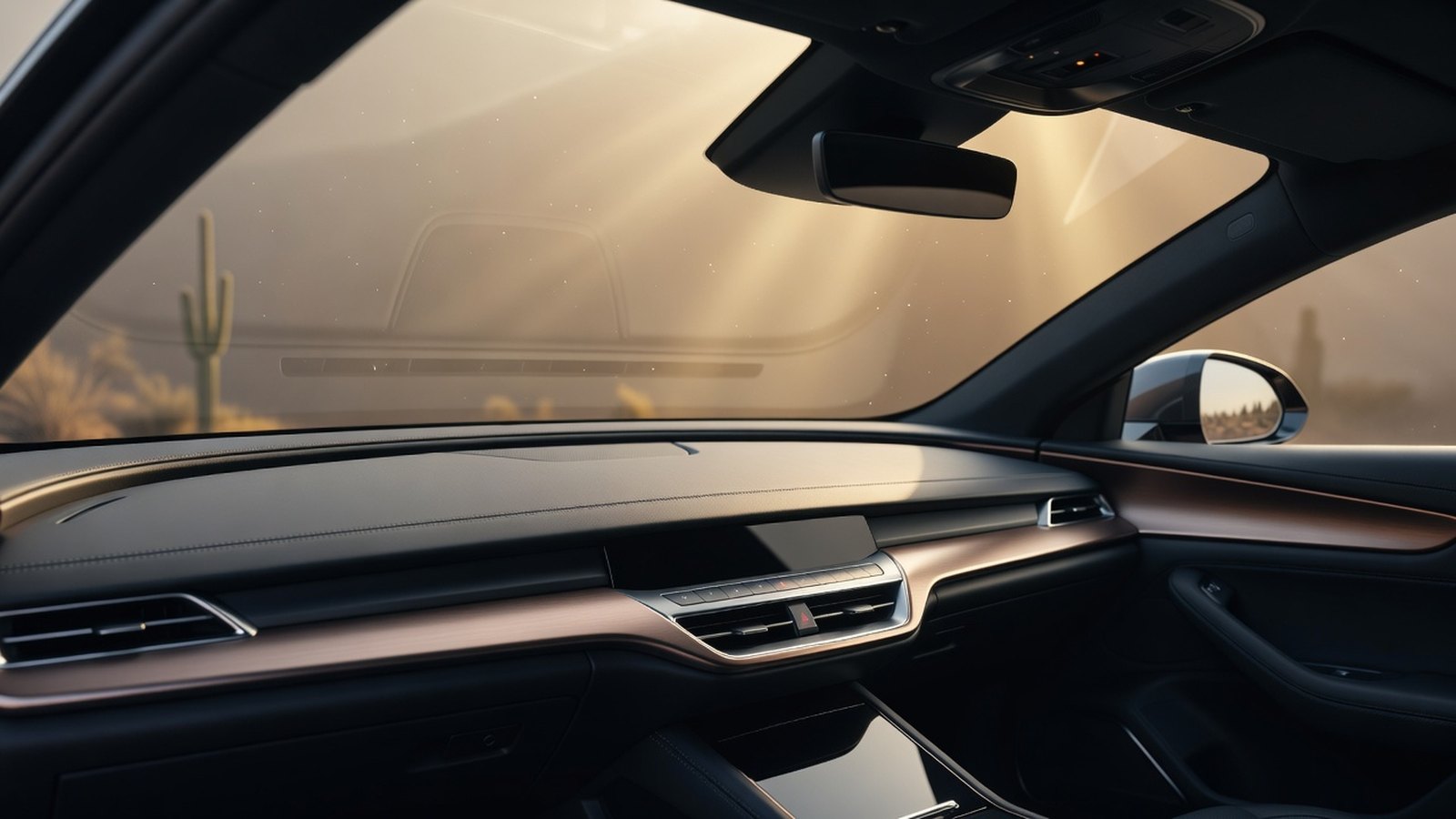 Modern electric vehicle windshield with light ceramic tint feel and warm Arizona sun control